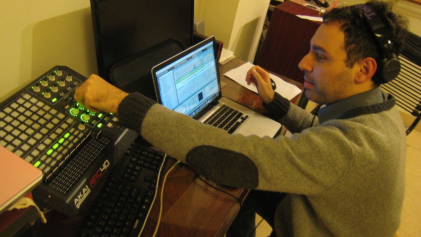 Davide helping to mixdown "Chorus of Echoes"